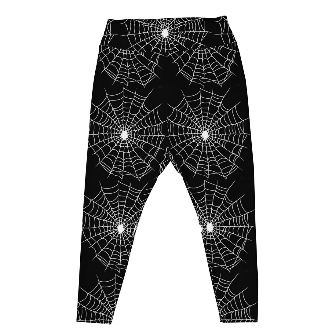 Plus size leggings featuring a spider web design in black with white details suitable for Halloween.