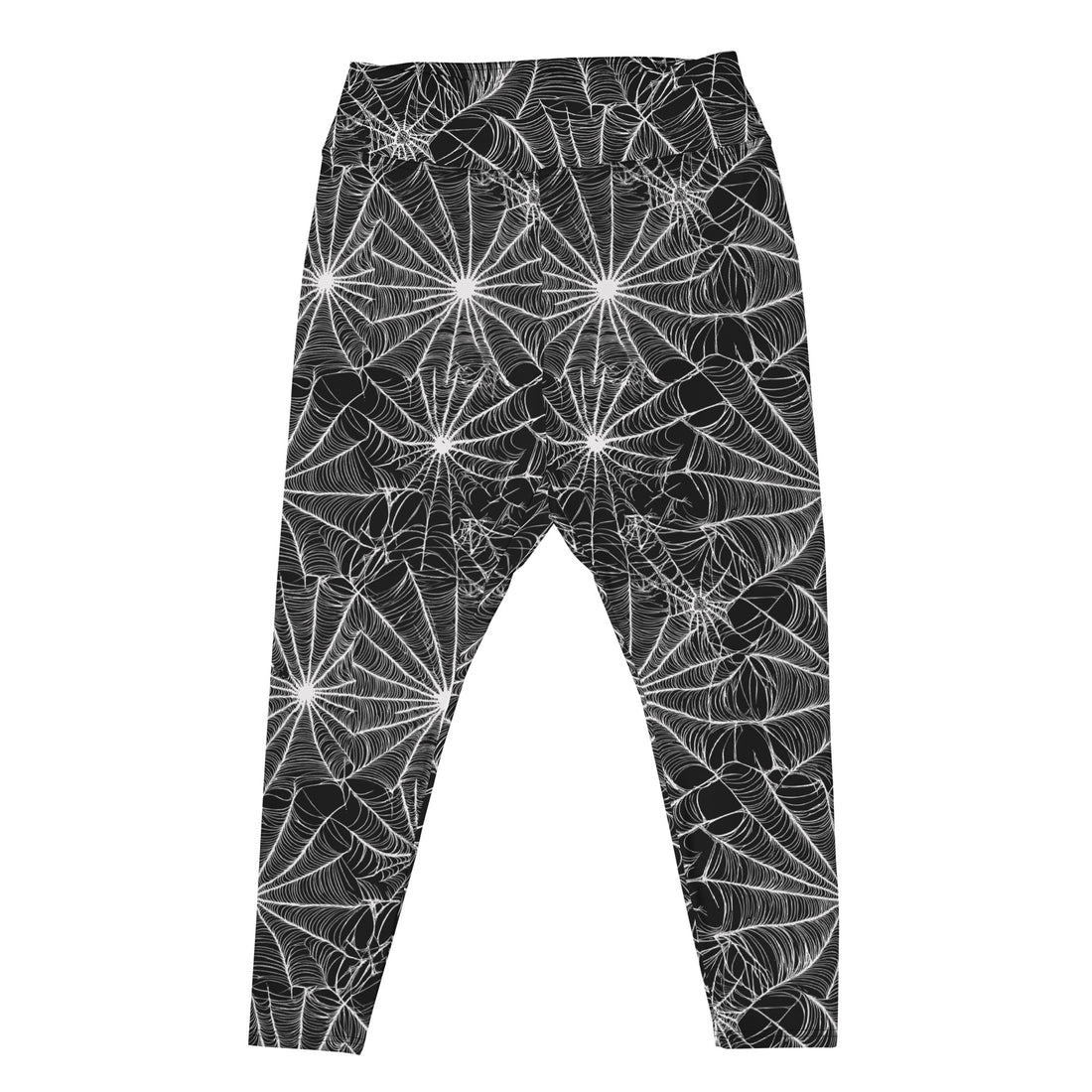 Plus size leggings with a spooky spider web design in black and white.