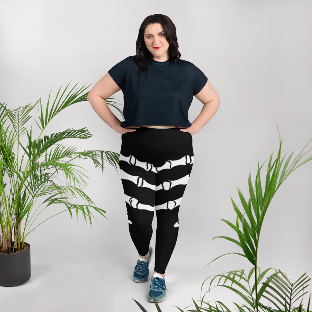 Spooktacular Skeleton Plus Size Leggings, black and white skeleton design, comfortable fit, Halloween theme.