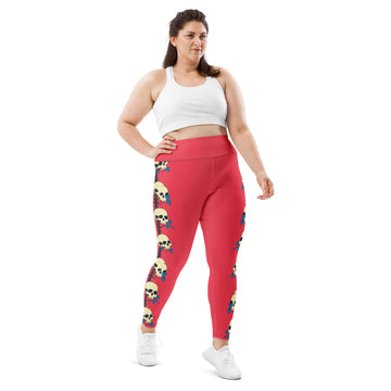 Skull and roses print plus size leggings in red, featuring a high waistband.