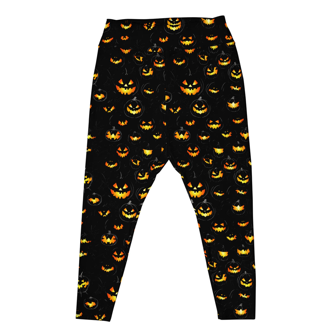 Plus size leggings with a Halloween pumpkin print, modeled by a woman