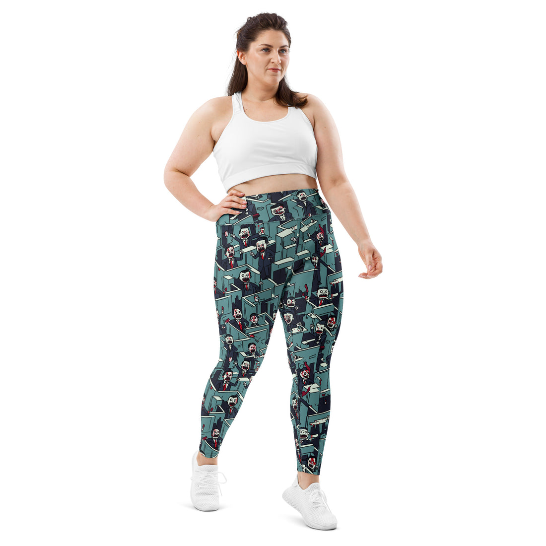 Plus size leggings with Halloween characters design featuring ghosts, skeletons, and playful motifs in blue and green colors.