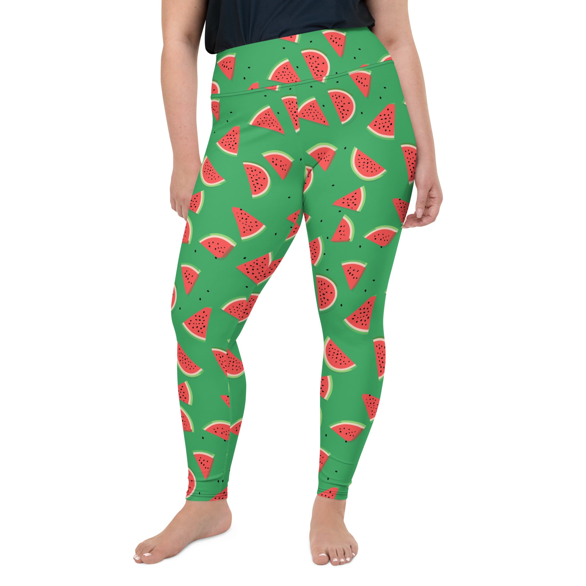 Eco-friendly plus size leggings featuring a vibrant watermelon print on a green background, perfect for winter fashion.