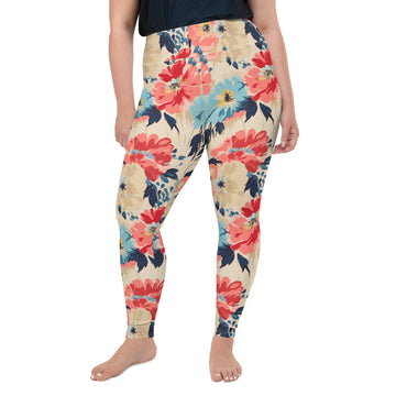 Plus size leggings with vibrant floral design featuring coral, navy, and turquoise flowers.