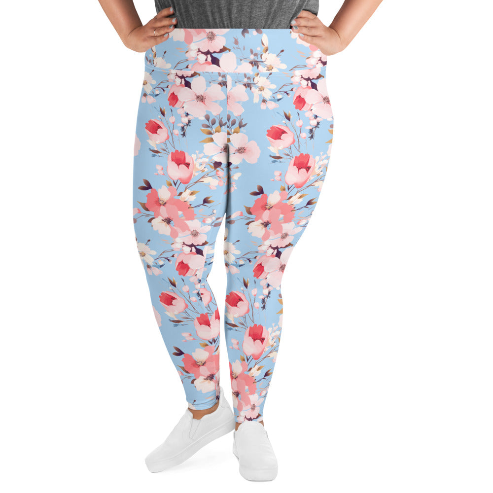 Floral Bliss Plus Size Leggings featuring pink and white flowers on a blue background, perfect for winter fashion.