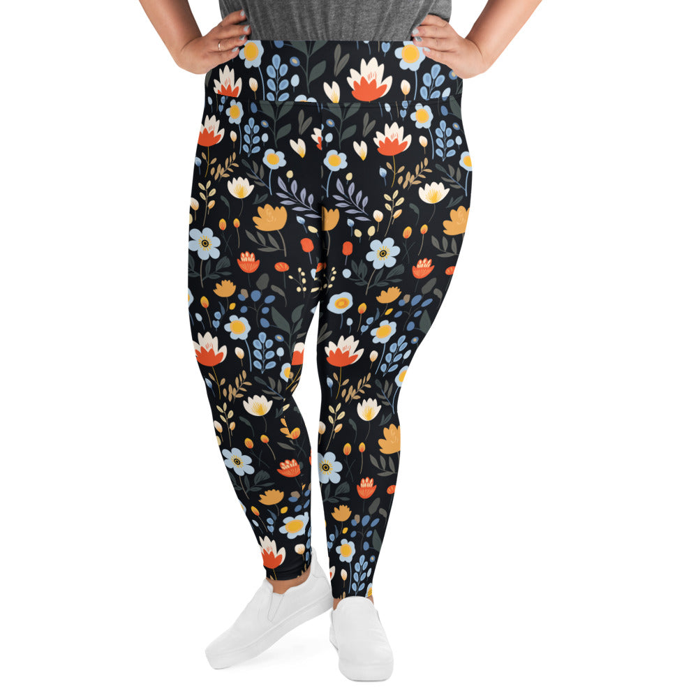 Plus size leggings with vibrant red, orange, and blue floral design on a black background, perfect for winter fashion.