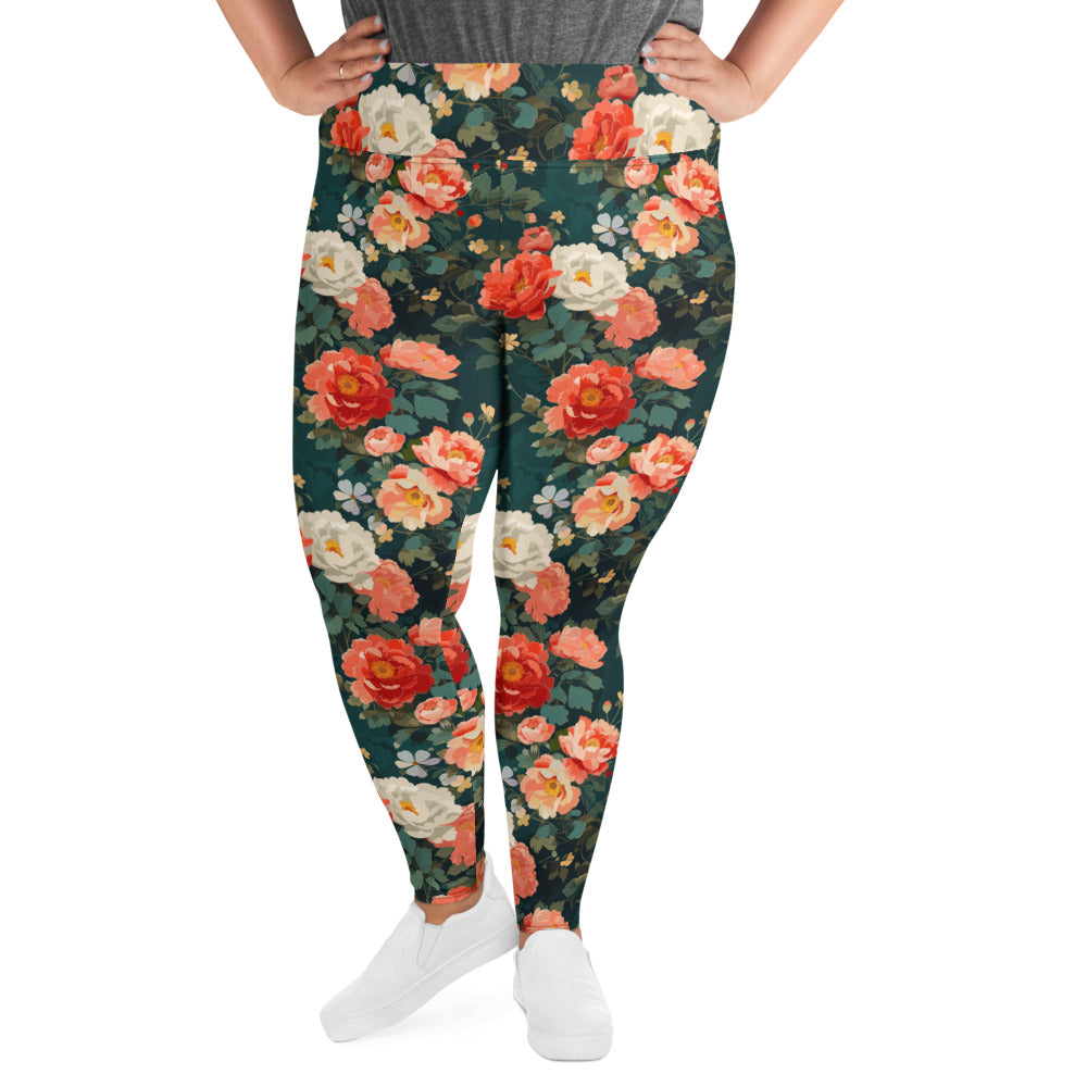 Plus size leggings with a vibrant floral print of roses in red, pink, and white against a deep green background.