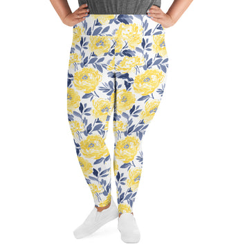 Plus size leggings featuring vibrant yellow peony floral design with a white background, showcasing comfort and style.