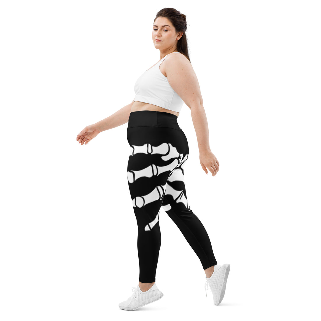 Spooktacular Skeleton Plus Size Leggings, black and white skeleton design, comfortable fit, Halloween theme.