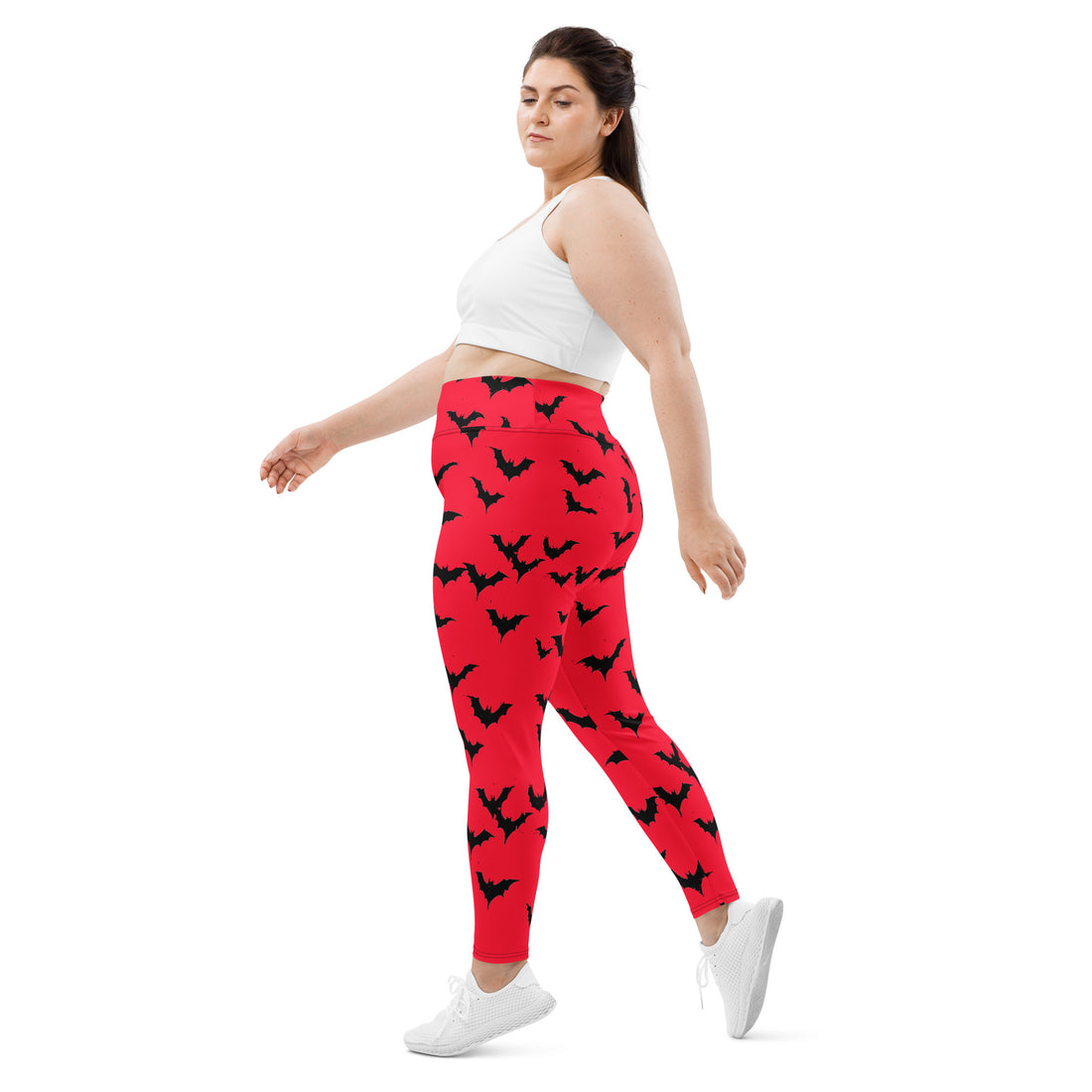 Plus Size Halloween Bat Pattern Leggings in red with black bats designed for women.