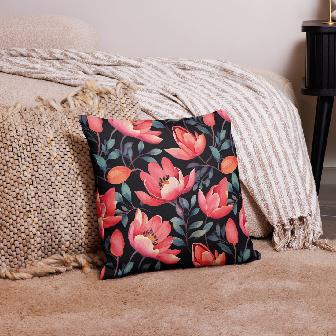 Premium pillow featuring vibrant poppy floral design with warm colors, suitable for holiday and winter decor.