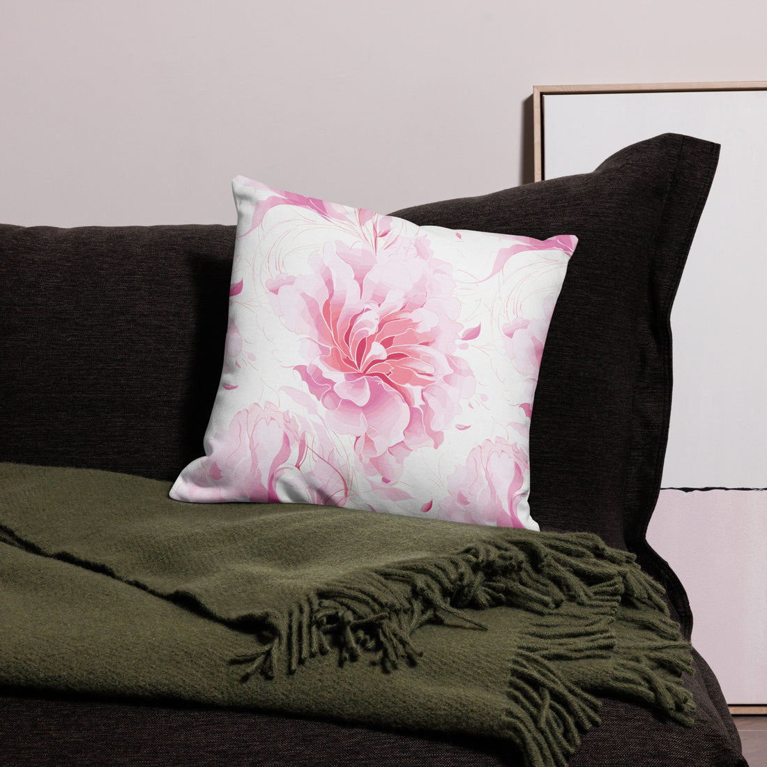 Premium knitted pillow featuring a pink peony bloom design on a light background, highlighting the linen texture and concealed zipper.