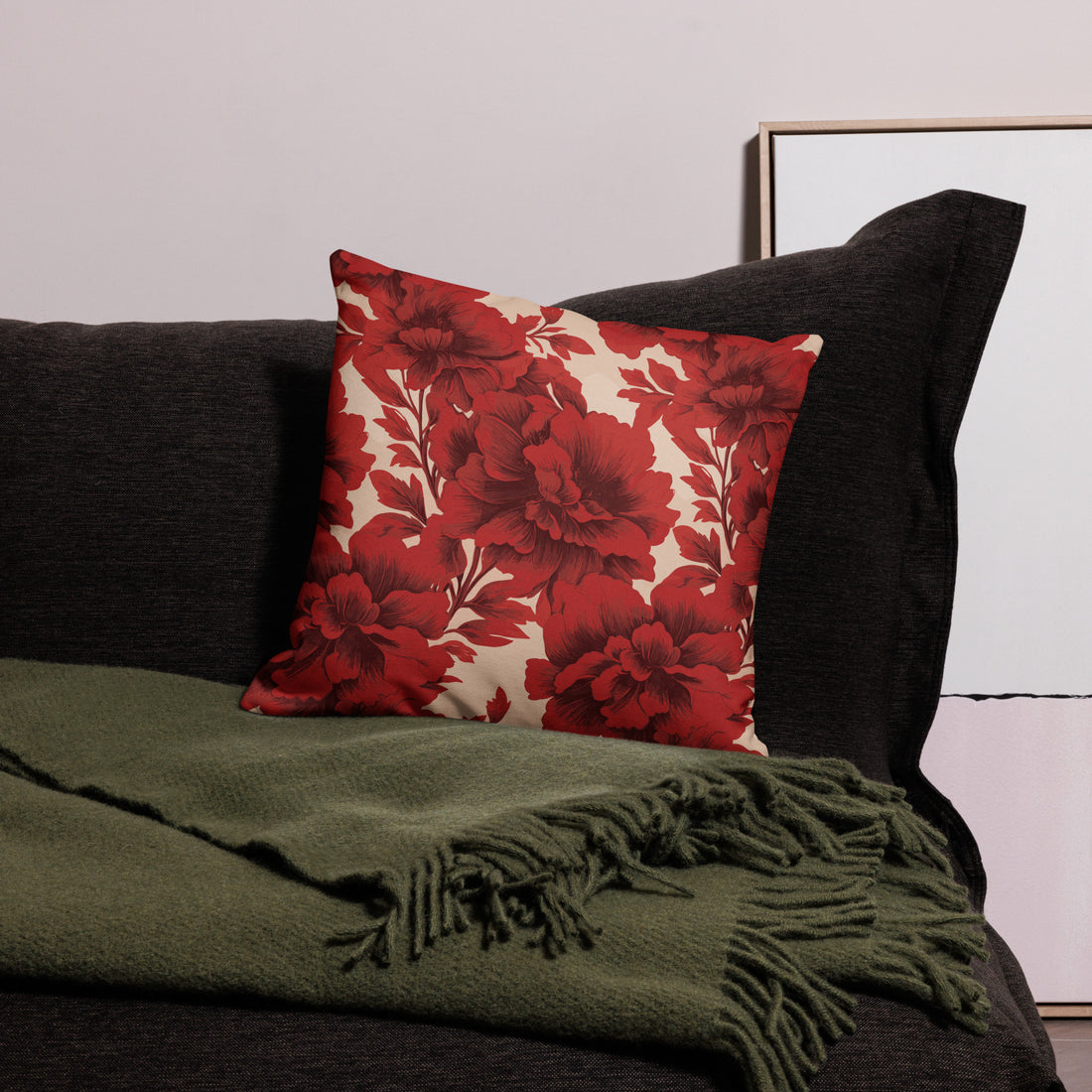 Festive pillow with vibrant red peony floral design on a beige background, perfect for winter decor