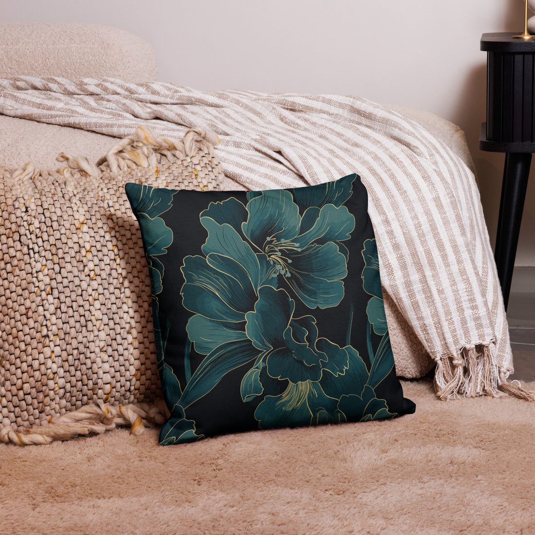 Emerald Peony Luxe Knitted Pillow with elegant floral design and rich colors, perfect for winter decor.