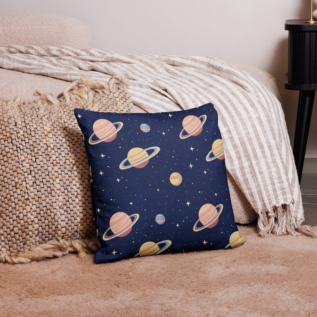 Luxurious premium pillow with cosmic planet design, featuring vibrant planet illustrations on a deep navy background.