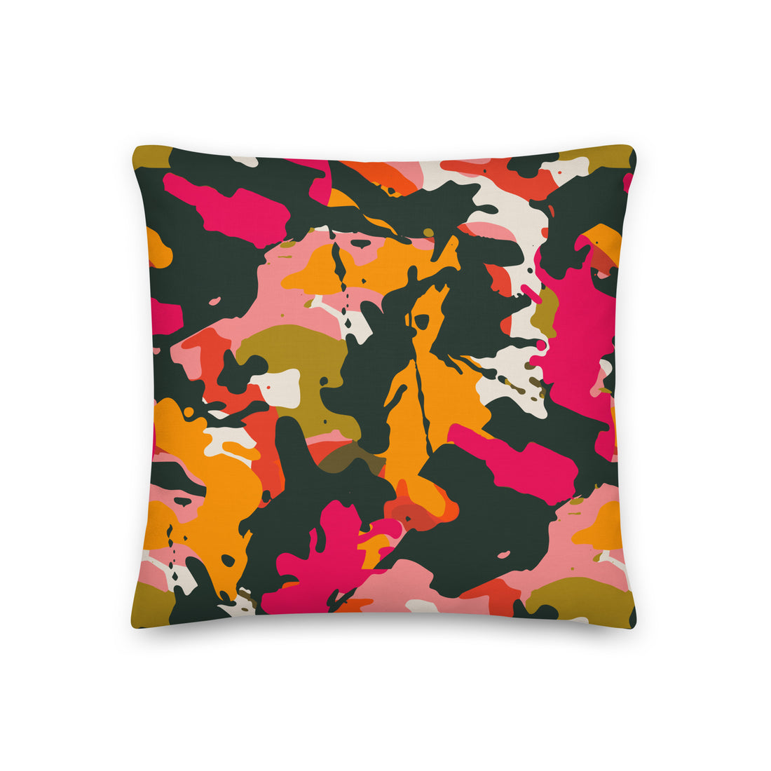 Vibrant camo art pillow with pink, orange, and green design