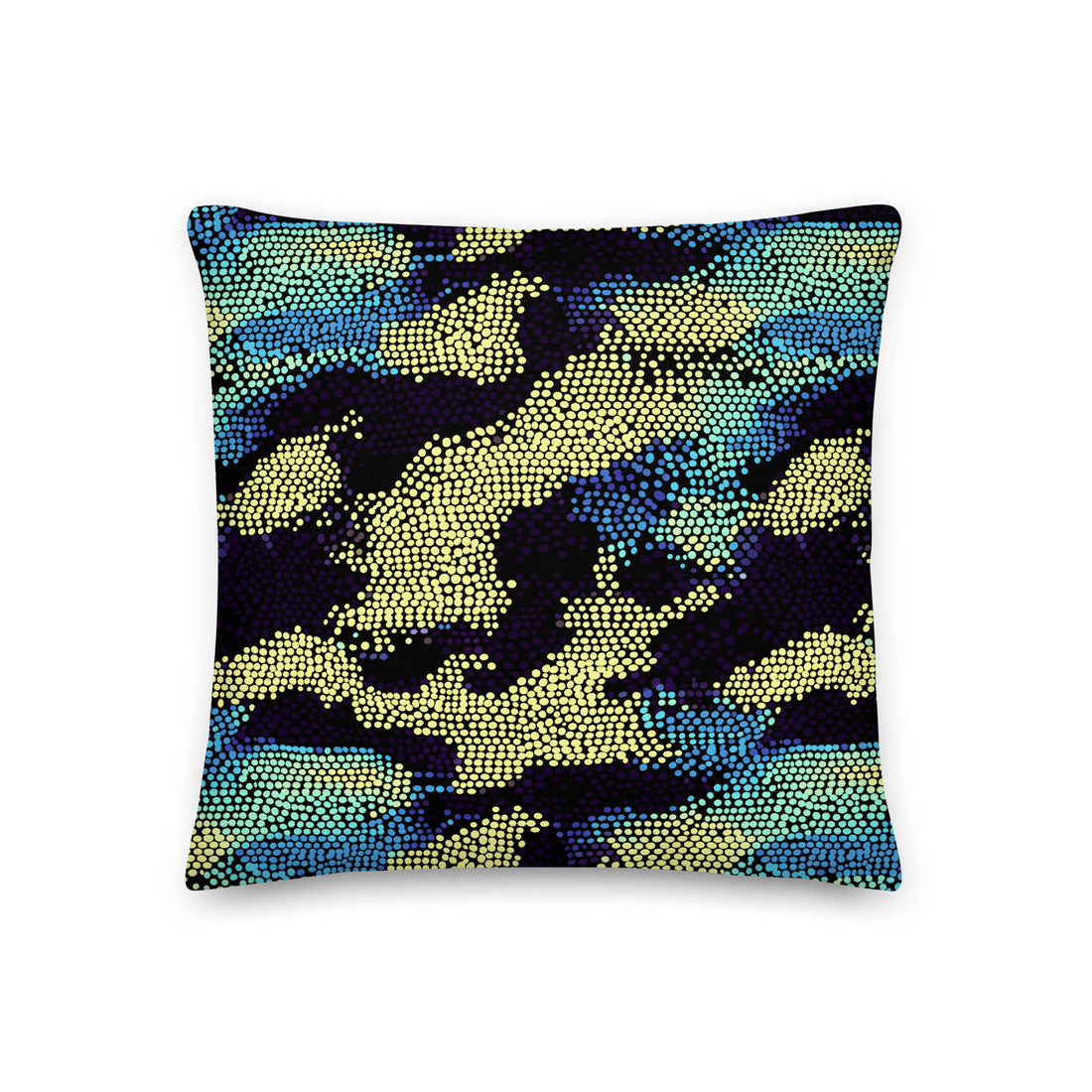 Winter Chic Knitted Pillow with vibrant abstract blue and yellow patterns, perfect for holiday and winter season decor.