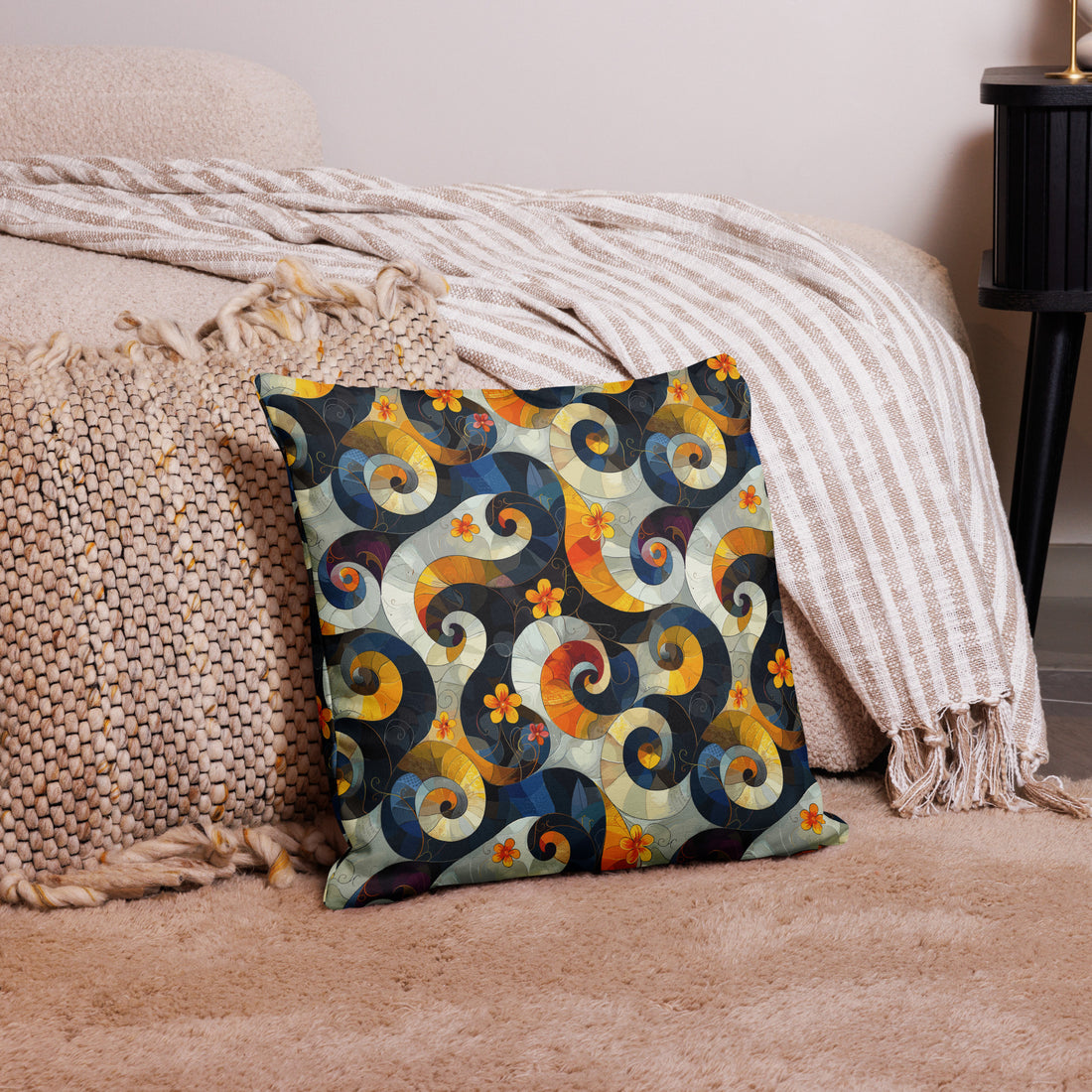 Pillow with an intricate design of blue and gold swirls with orange blossoms, complementing warm winter decor.