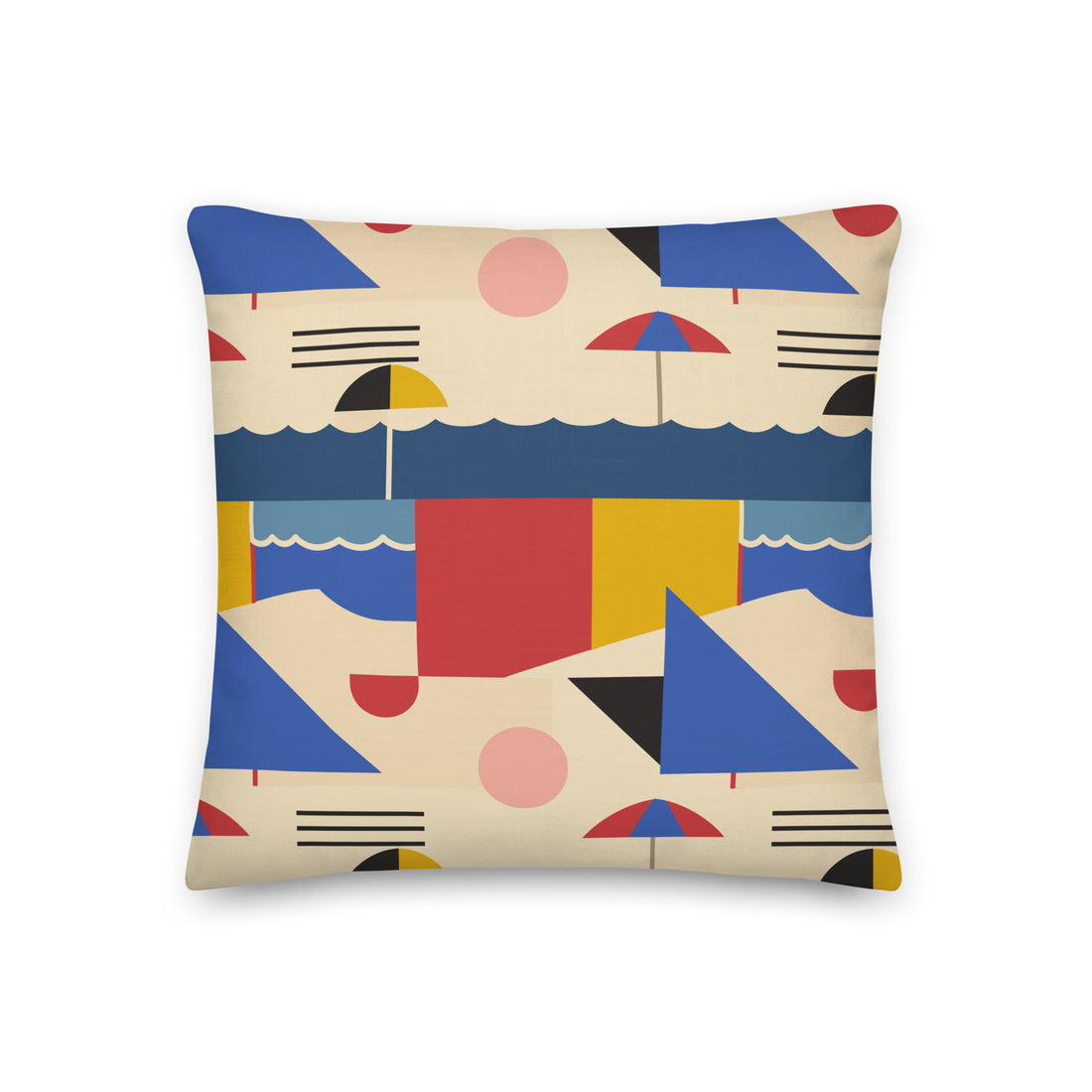 Colorful geometric pillow with beachscape design, featuring umbrellas and waves in blue, red, yellow, and natural hues.