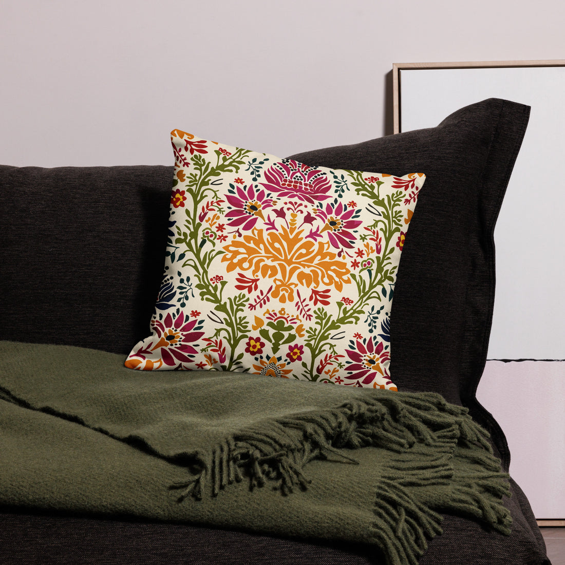 Vibrant floral premium pillow featuring colorful botanical designs on a cozy sofa.