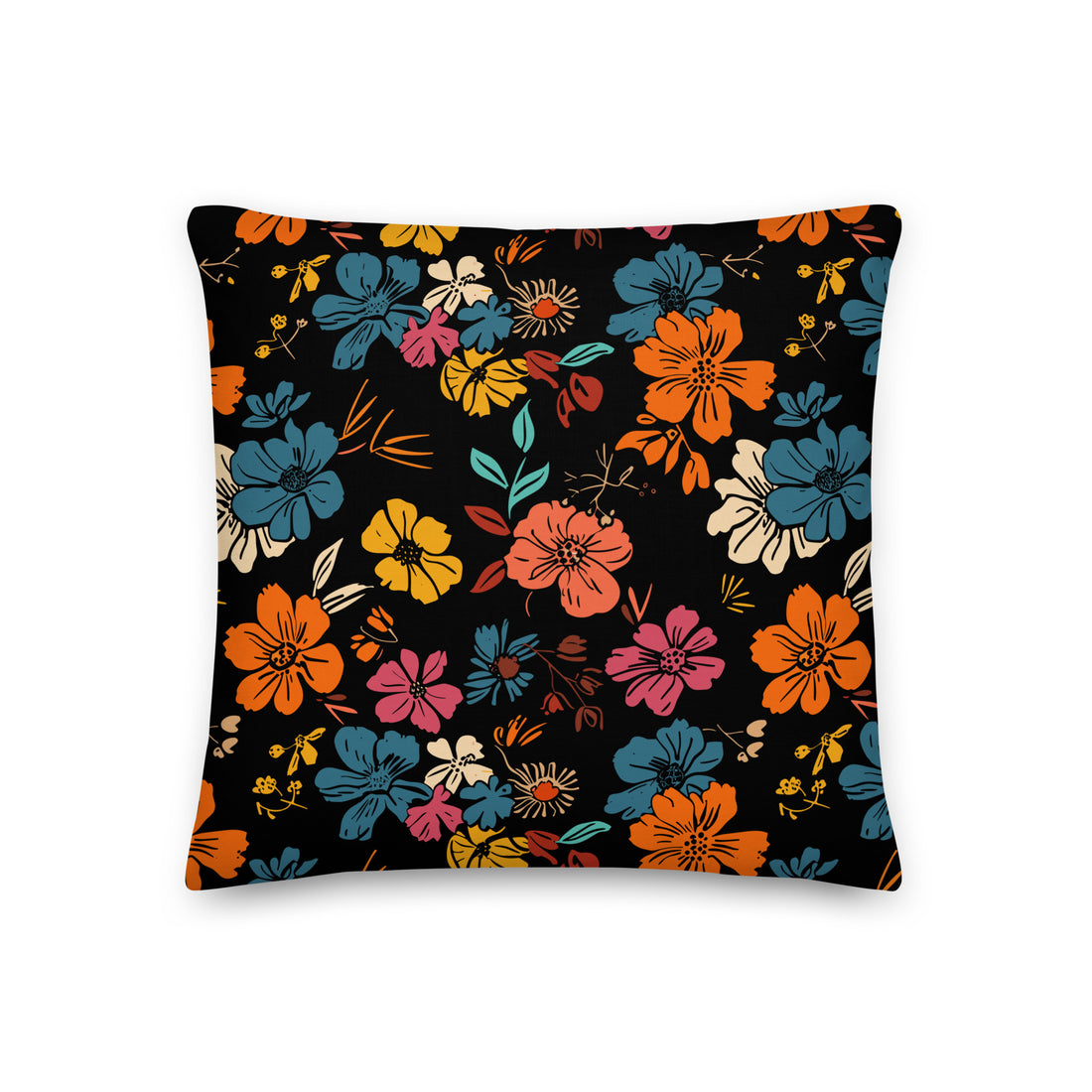 Premium floral pillow with colorful flowers on a black background.