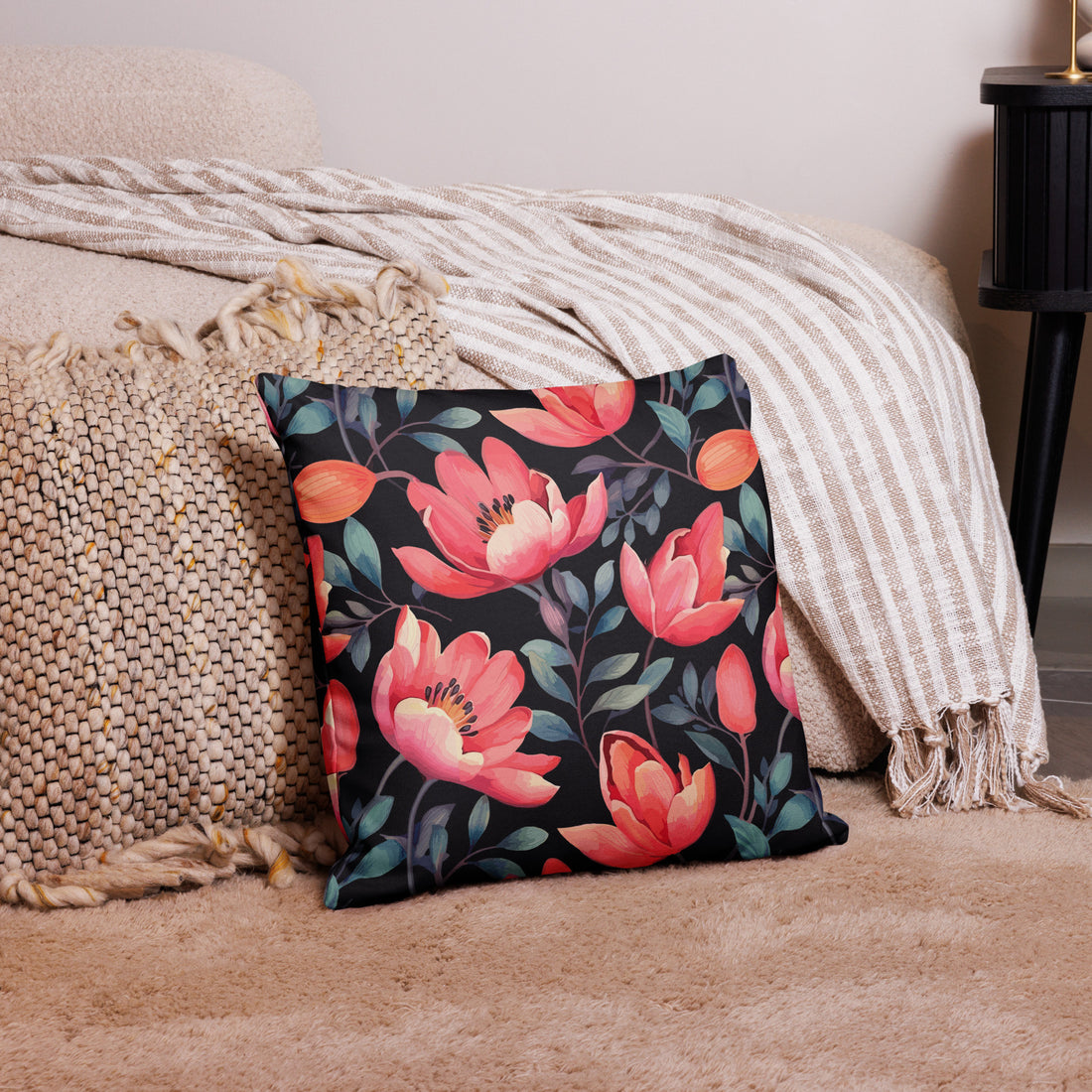 Premium pillow featuring vibrant poppy floral design with warm colors, suitable for holiday and winter decor.