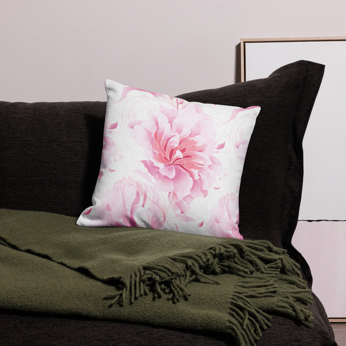 Premium knitted pillow featuring a pink peony bloom design on a light background, highlighting the linen texture and concealed zipper.