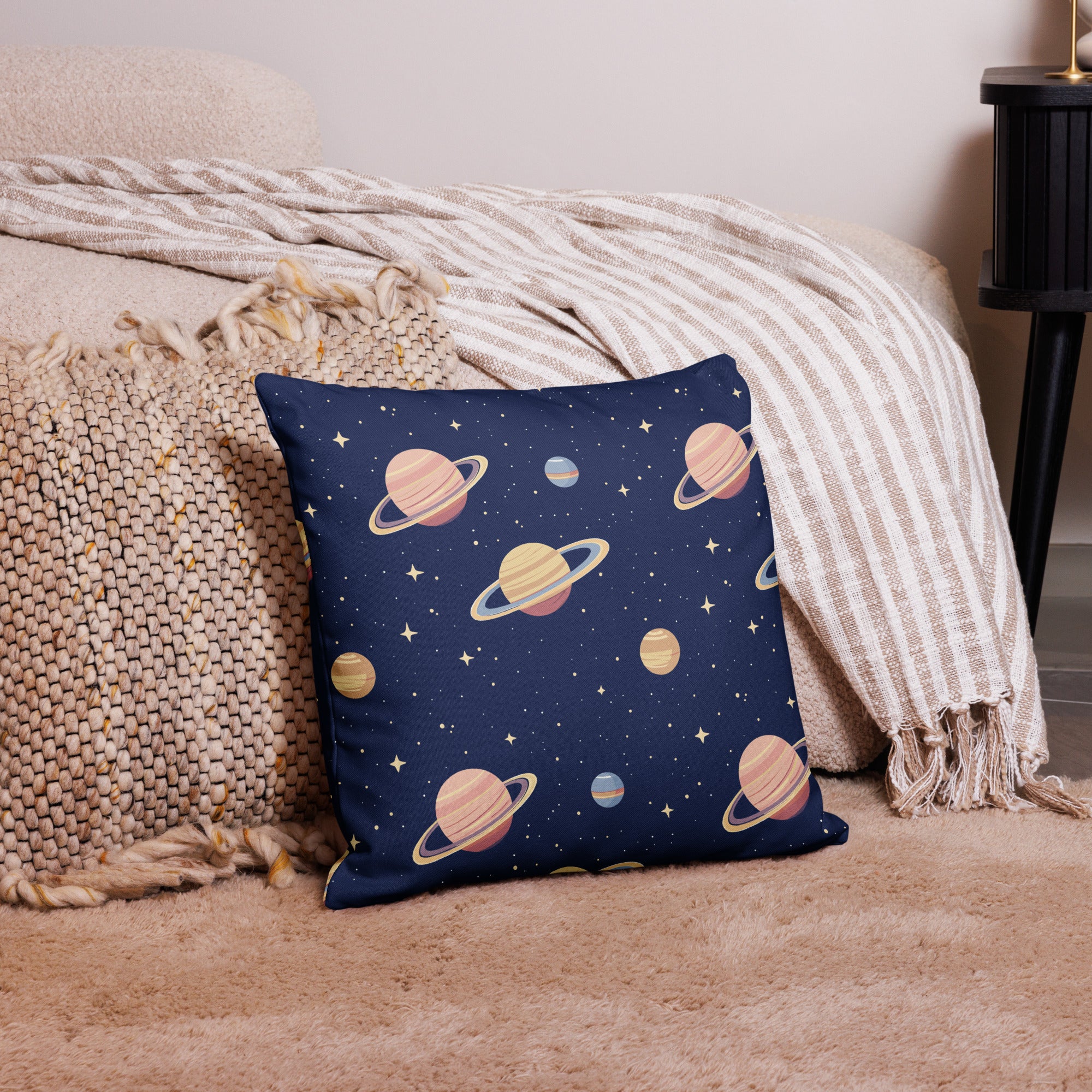 Luxurious premium pillow with cosmic planet design, featuring vibrant planet illustrations on a deep navy background.