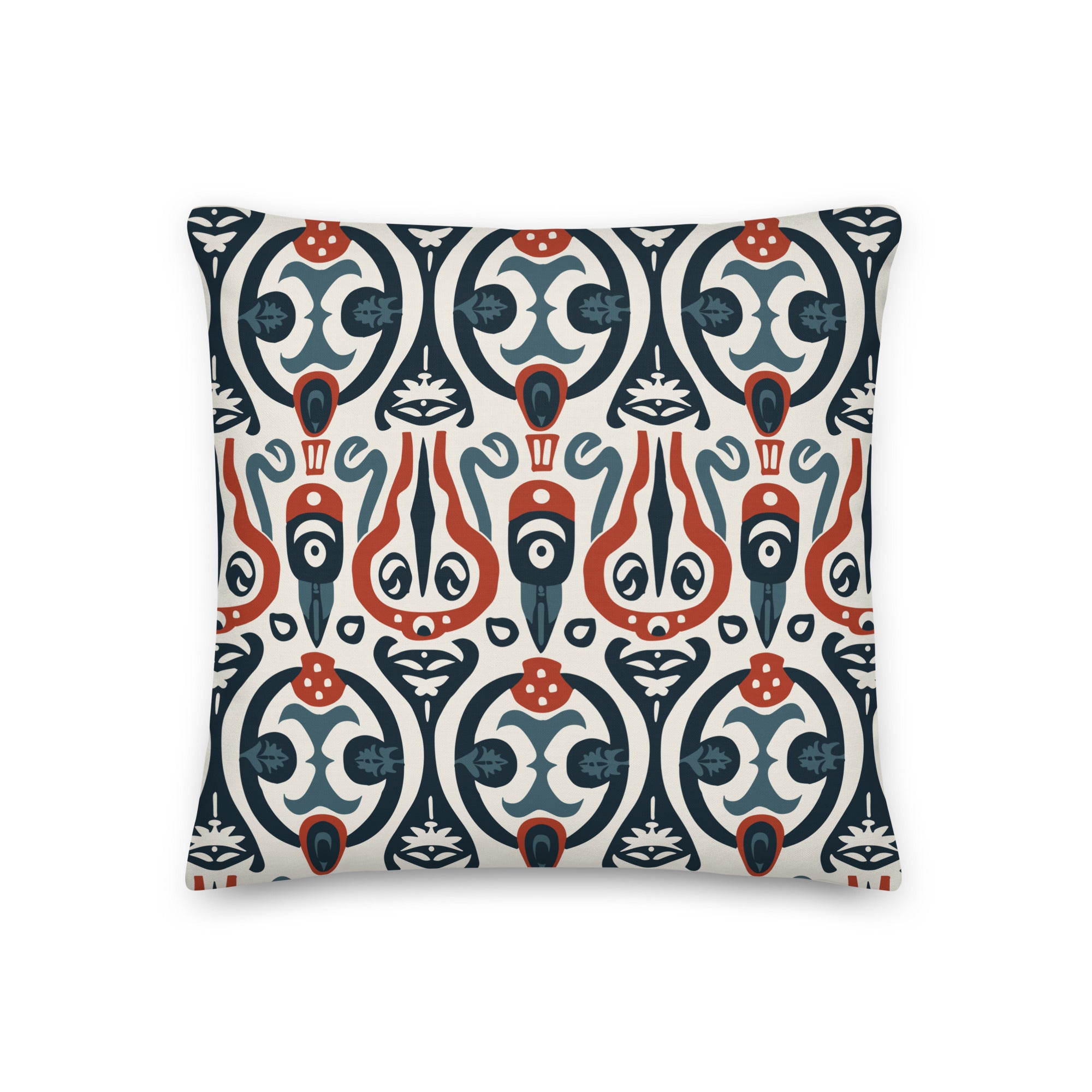 Decorative pillow with intricate arctic fox tribal design in navy and terracotta, knitted texture.