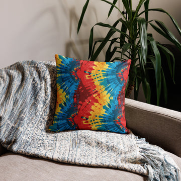 Premium pillow with vibrant parrot-inspired design featuring red, blue, and yellow colors suitable for festive winter decor.