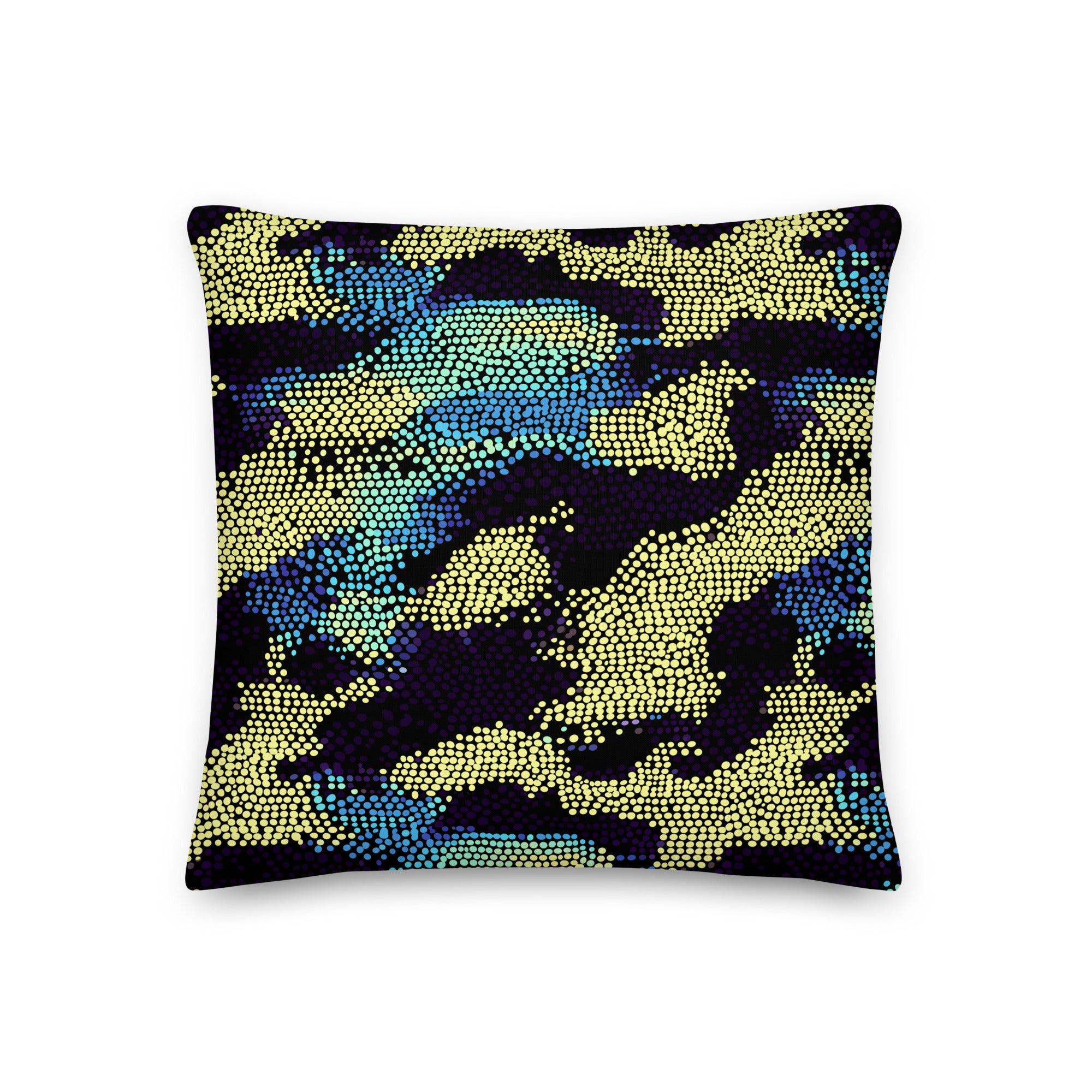 Winter Chic Knitted Pillow with vibrant abstract blue and yellow patterns, perfect for holiday and winter season decor.