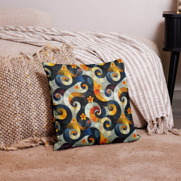 Pillow with an intricate design of blue and gold swirls with orange blossoms, complementing warm winter decor.