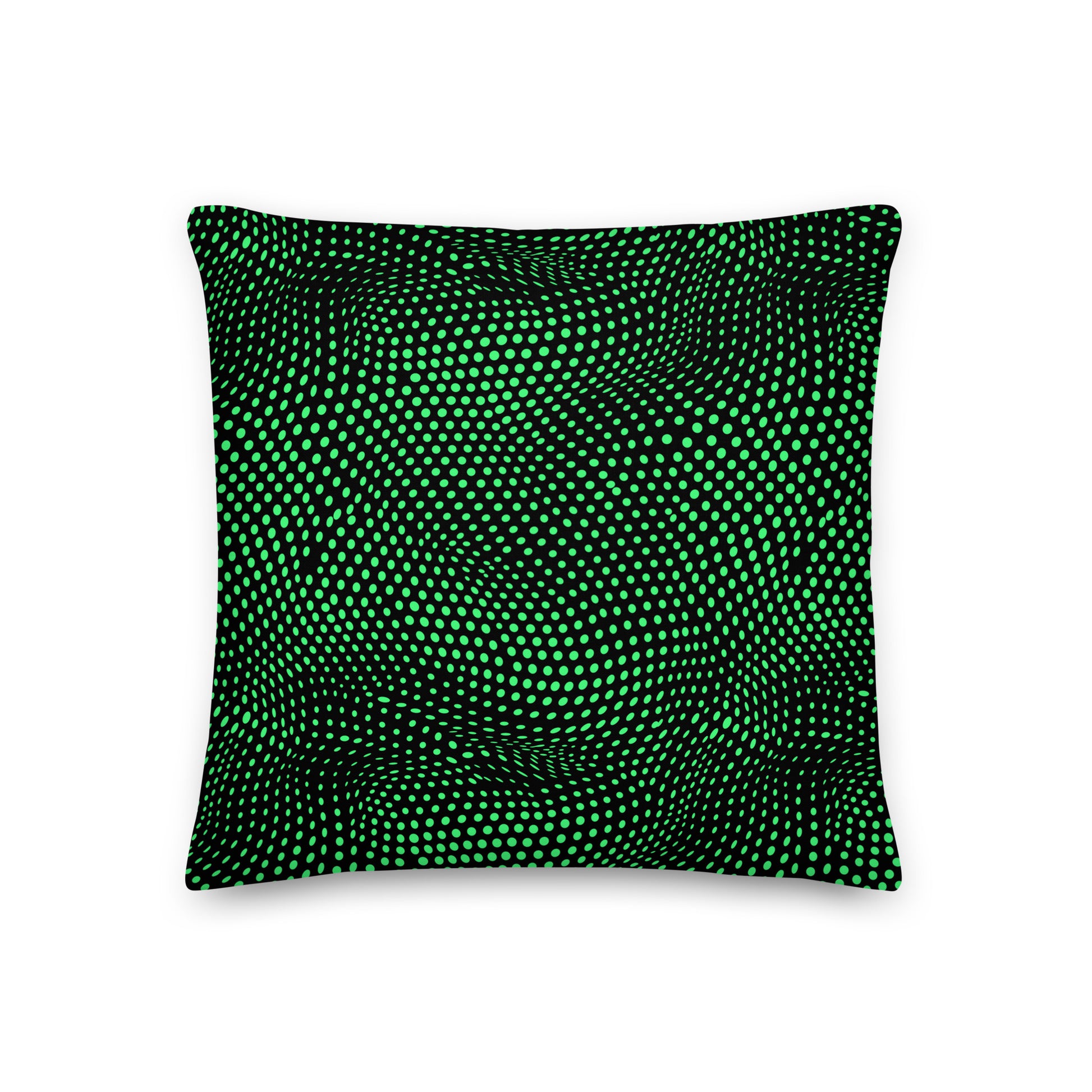 Hypnotic Green Dots Premium Pillow with shape-retaining insert featuring a dark background with vibrant green dotted pattern