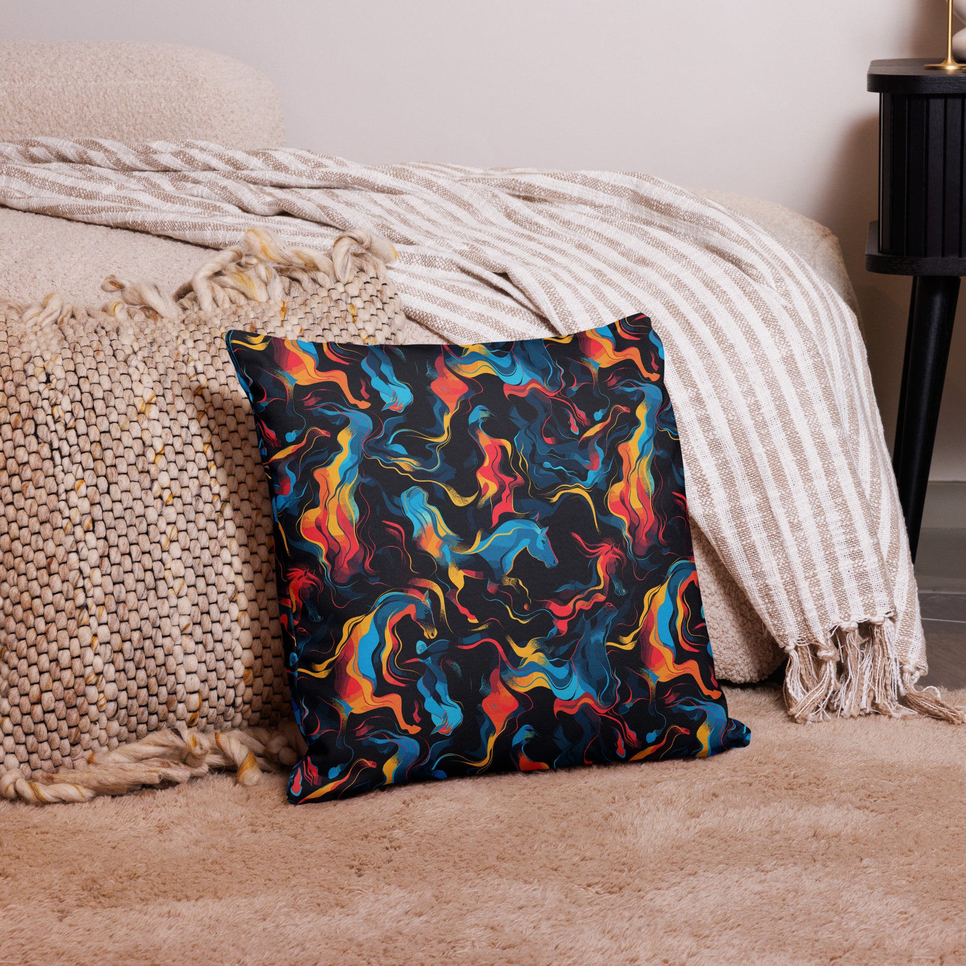 Colorful abstract pillow with dynamic swirling patterns in red, blue, and orange tones on a black background, placed on a cozy rug.