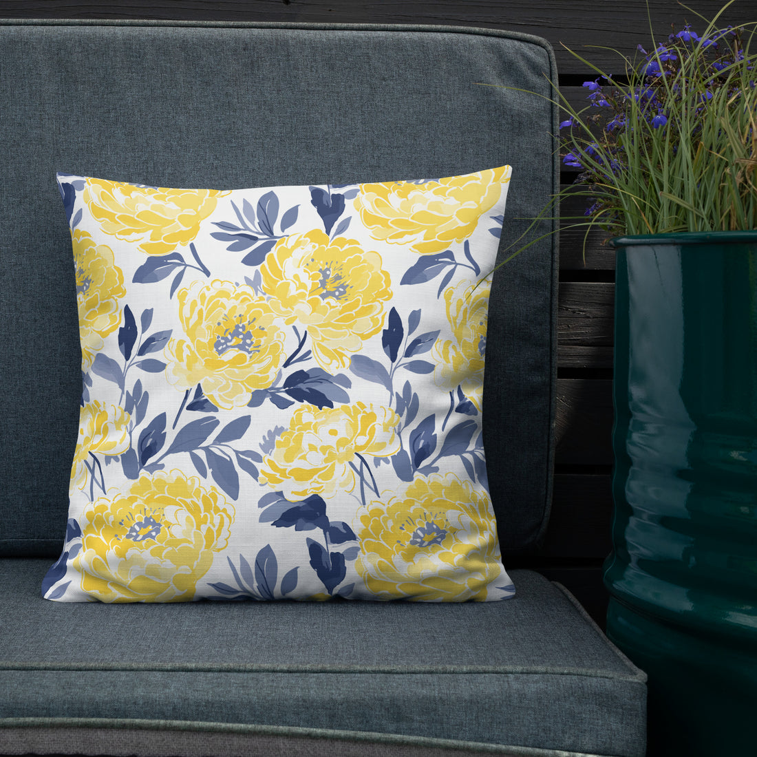 Floral Elegance Premium Knitted Pillow with vibrant yellow and blue peonies. Ideal for holiday and winter home decor.