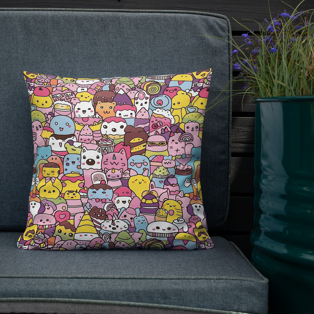 Colorful pillow with a vibrant Kawaii-style animal pattern, featuring a variety of cheerful pink, blue, and yellow animals against a cozy home setting.