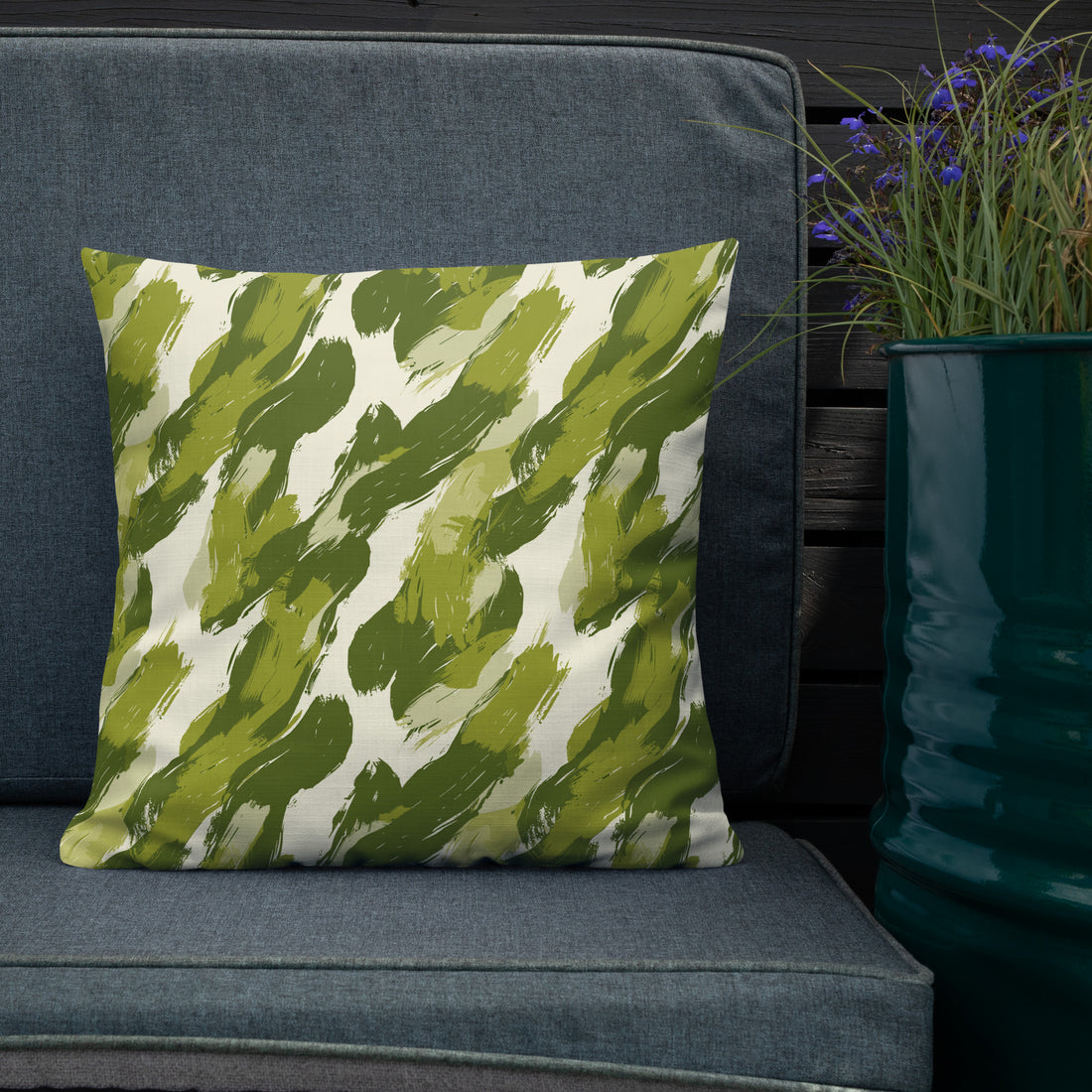 Winter Green Abstract Art Knitted Pillow with green brushstroke patterns on a luxurious 100% polyester case