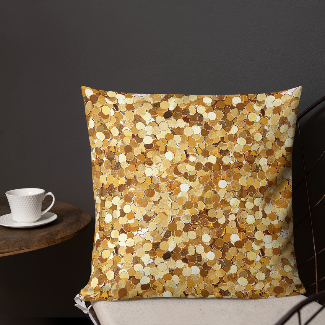 Golden discs decorative pillow with a vibrant gold and neutral design on a cozy setting.