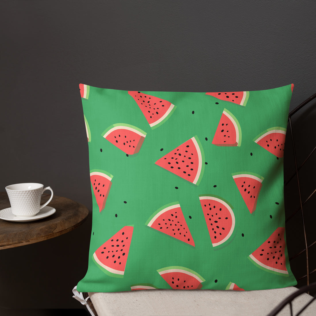 Vibrant watermelon pattern pillow with green background and red watermelon slices