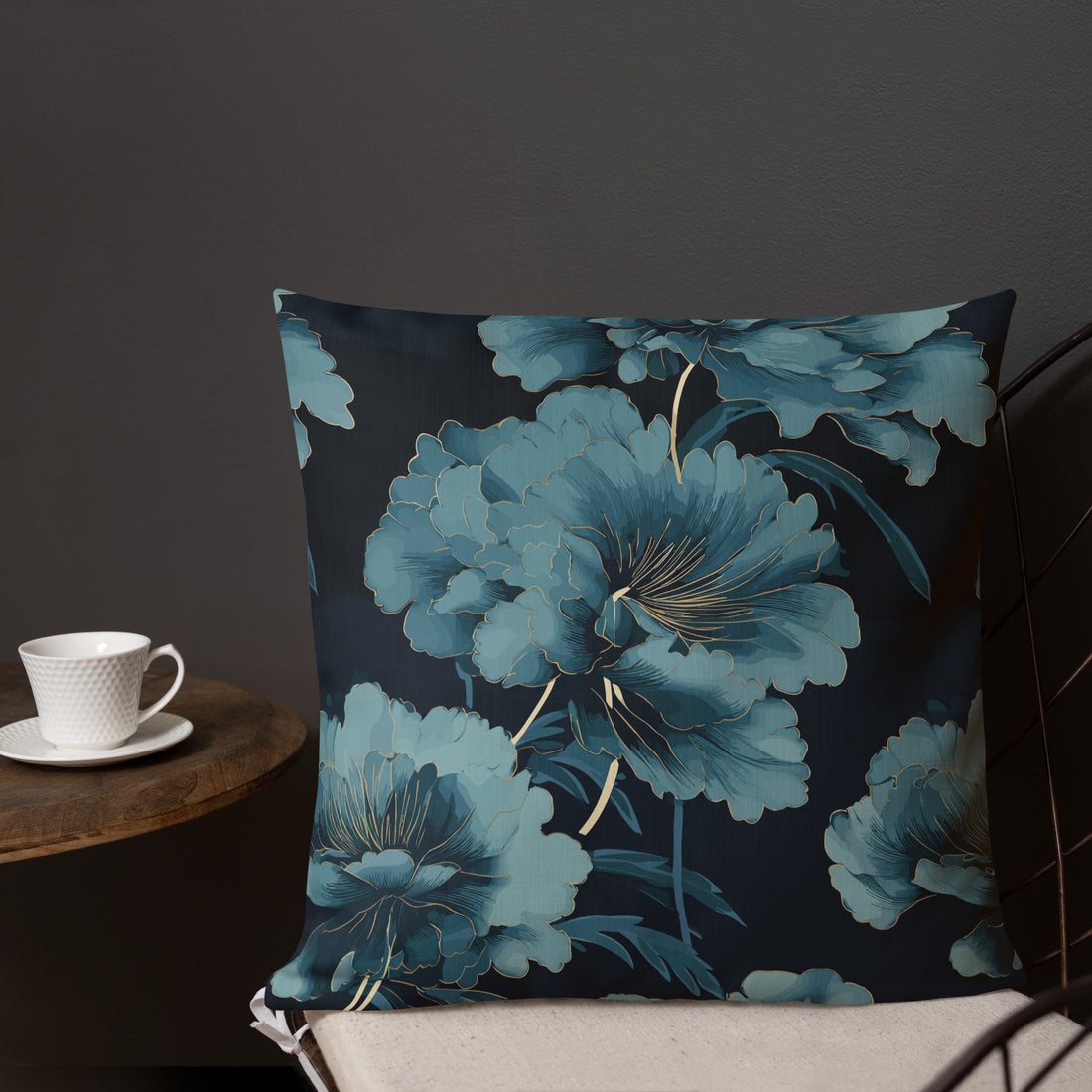 Premium pillow featuring a blue floral design on a dark background, perfect for home decor.