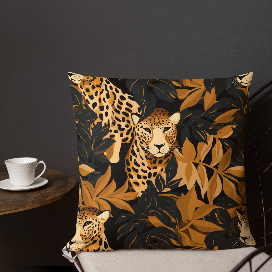 Luxurious leopard print throw pillow featuring bold leopard patterns and lush foliage in warm colors.