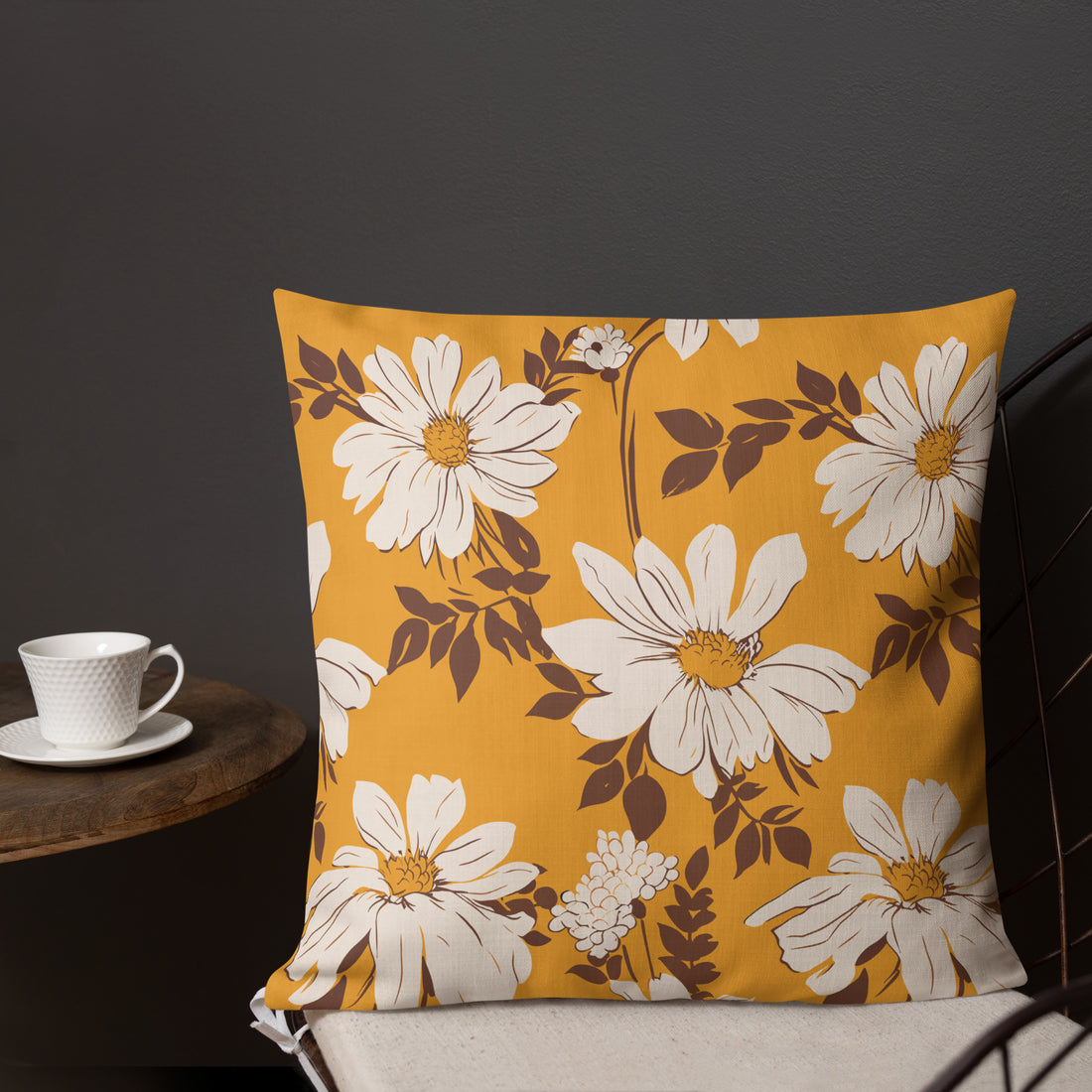 Vibrant floral premium pillow with white flowers on a yellow background, perfect for home decor.