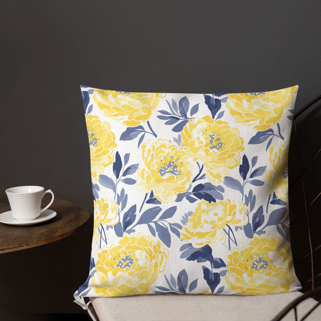 Floral Elegance Premium Knitted Pillow with vibrant yellow and blue peonies. Ideal for holiday and winter home decor.