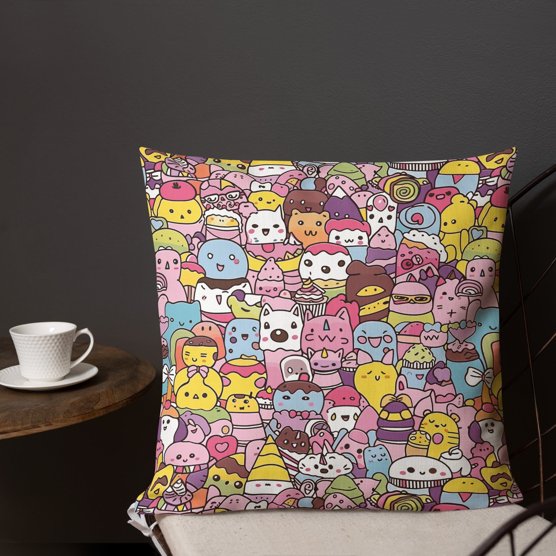 Colorful pillow with a vibrant Kawaii-style animal pattern, featuring a variety of cheerful pink, blue, and yellow animals against a cozy home setting.