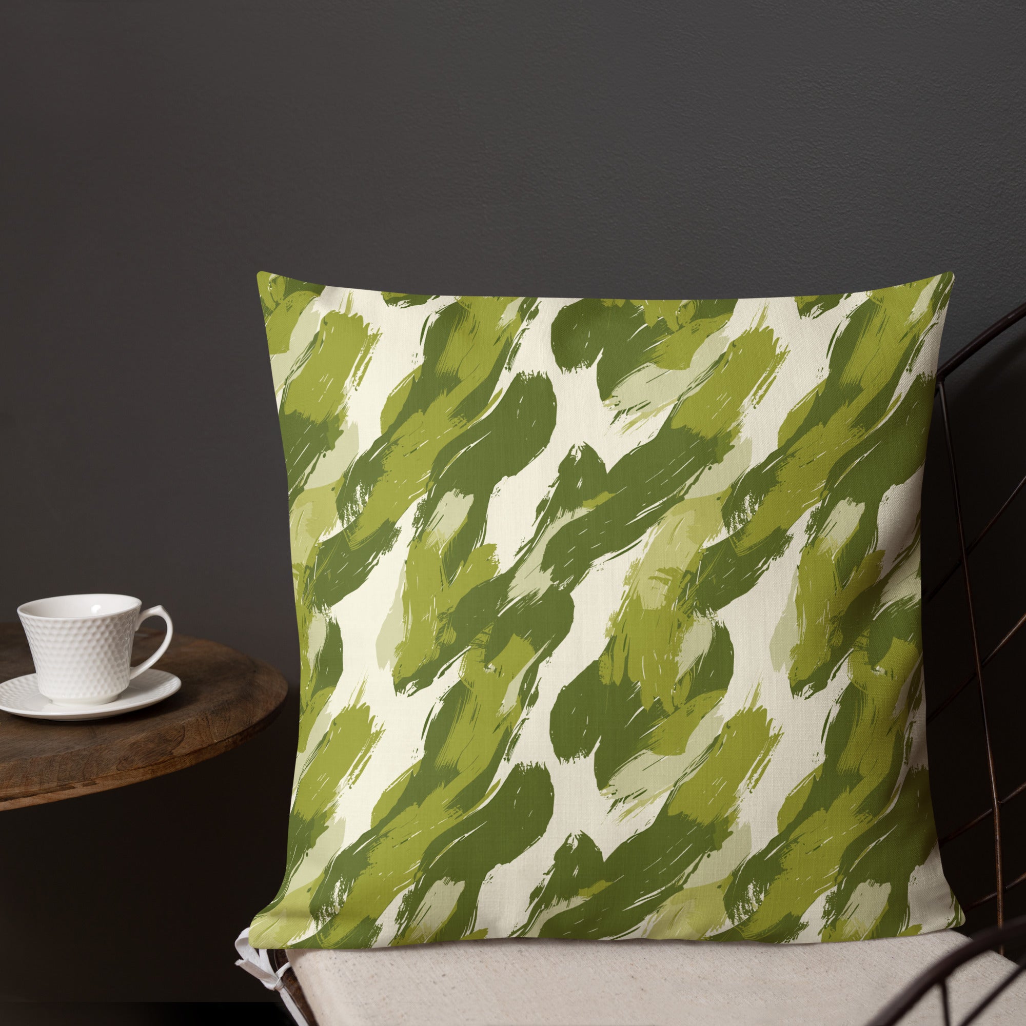 Winter Green Abstract Art Knitted Pillow with green brushstroke patterns on a luxurious 100% polyester case