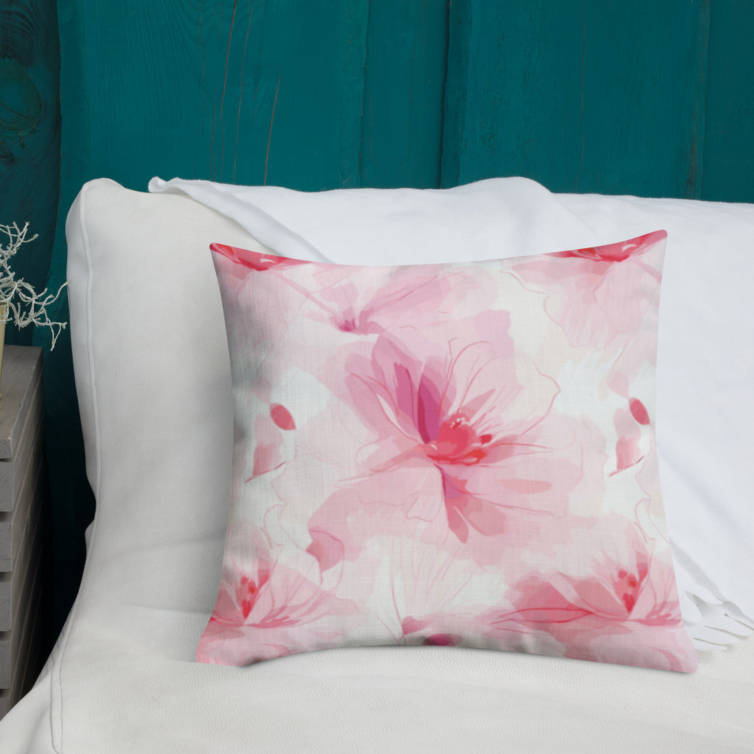 Pink and white floral premium pillow with a winter theme, featuring a hidden zipper and shape-retaining polyester insert. Ideal for holiday home decor.