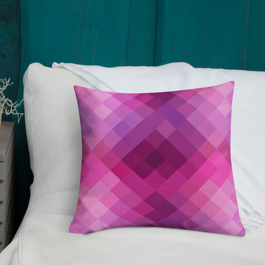 Winter Wonderland Knitted Pillow with a vibrant pink geometric pattern for holiday decor