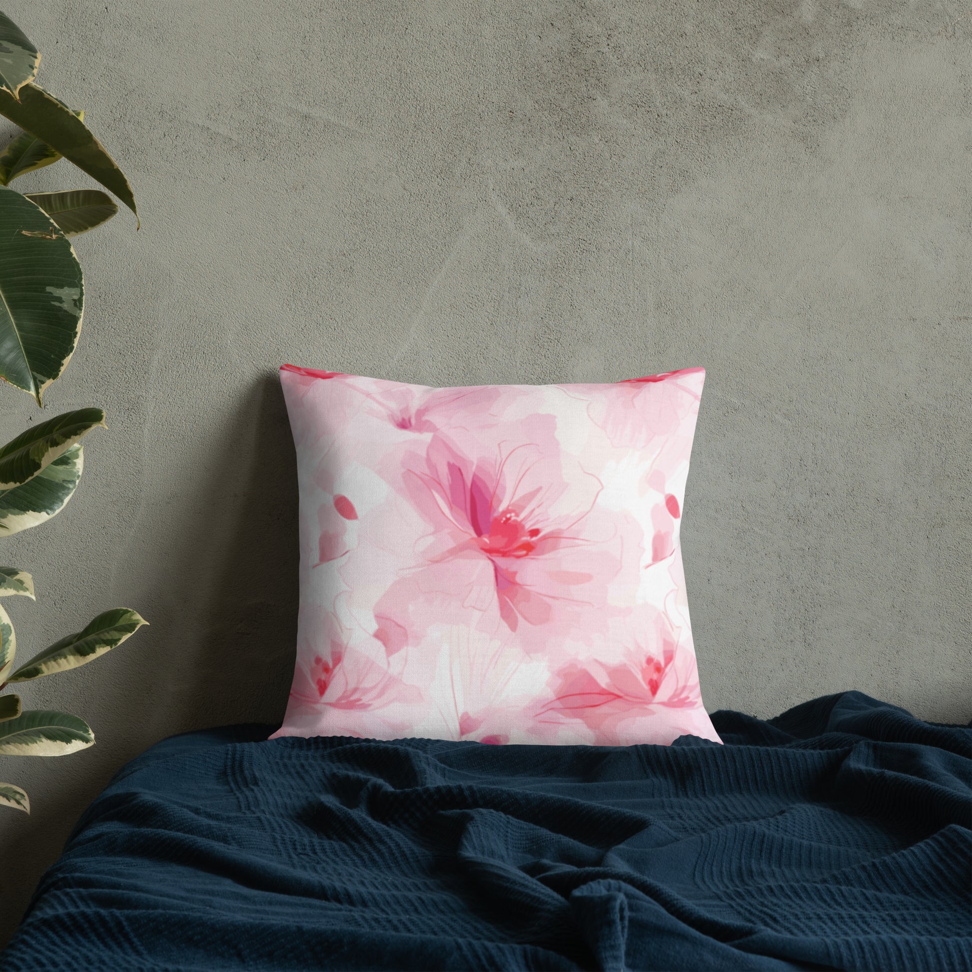 Pink and white floral premium pillow with a winter theme, featuring a hidden zipper and shape-retaining polyester insert. Ideal for holiday home decor.