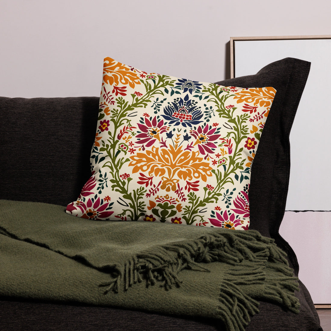 Vibrant floral premium pillow featuring colorful botanical designs on a cozy sofa.