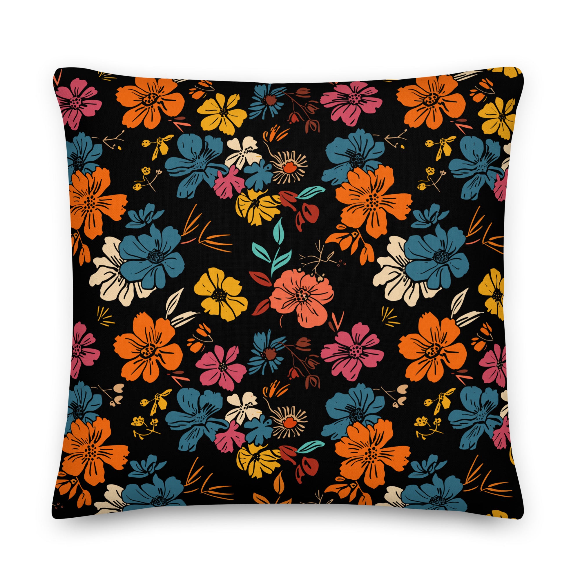 Premium floral pillow with colorful flowers on a black background.